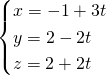 \begin{cases}x=-1+3t \\ y=2-2t\\z=2+2t \end{cases}