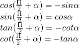 [begin{array}{l} cos(frac{Pi }{2} + alpha ) = - sinalpha \ sin(frac{Pi }{2} + alpha ) = cosalpha \ tan(frac{Pi }{2} + alpha ) = - cotalpha \ cot(frac{Pi }{2} + alpha ) = - tanalpha end{array}]